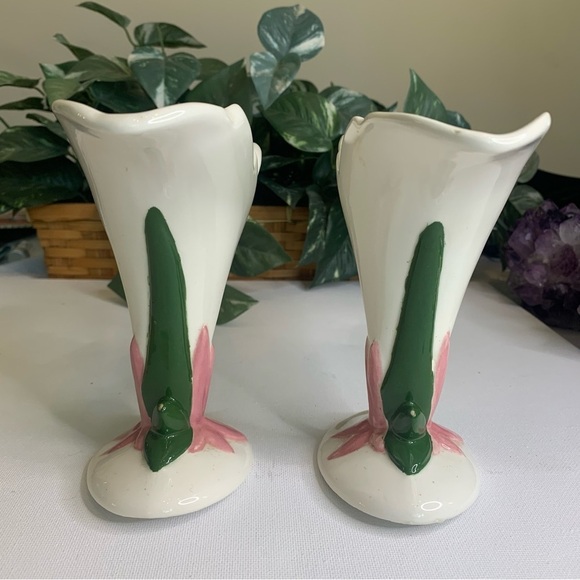 Pair Vintage Pink Flower Ceramic Fan Vases Cornucopia Style MCM 1950s White 7" - Picture 5 of 16